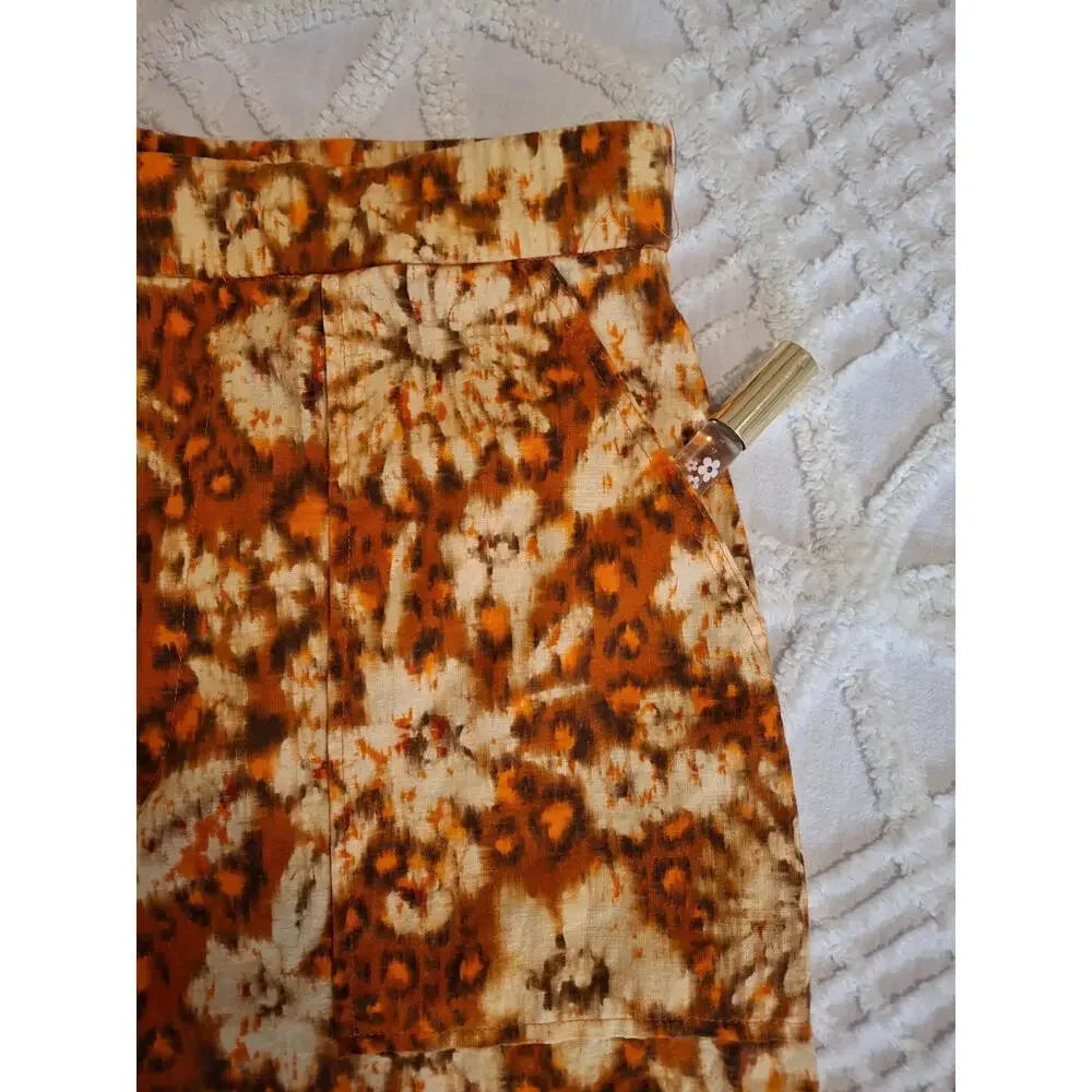 Zara Brown and Cream Floral Wide-Leg Linen Blend Pants
